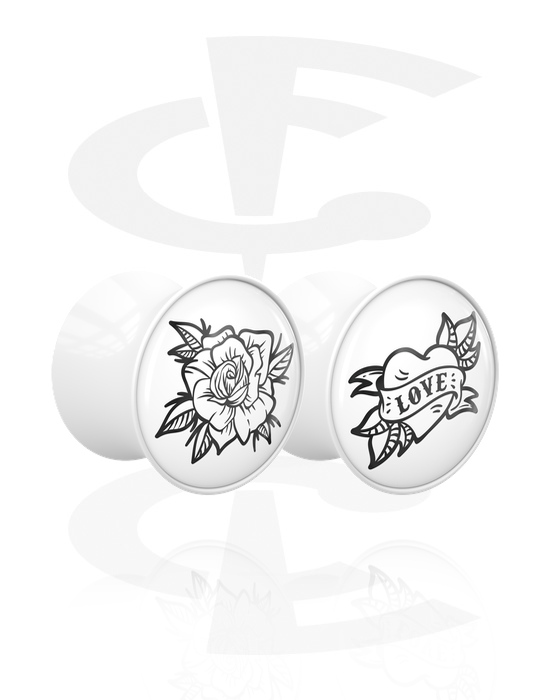 Tunnels & Plugs, 1 pair double flared plugs (acrylic, white) with motif "rose and heart with LOVE lettering", Acrylic
