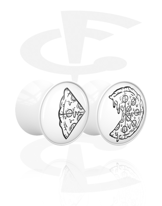 Tunnels & Plugs, 1 pair double flared plugs (acrylic, white) with pizza motif, Acrylic