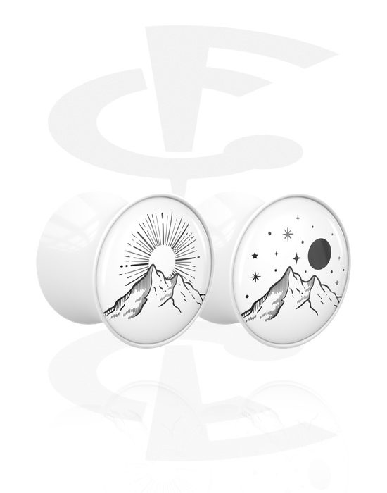 Tunnels & Plugs, 1 pair double flared plugs (acrylic, white) with motif "mountains", Acrylic