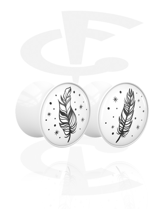 Tunnels & Plugs, 1 pair double flared plugs (acrylic, white) with motif "feather", Acrylic
