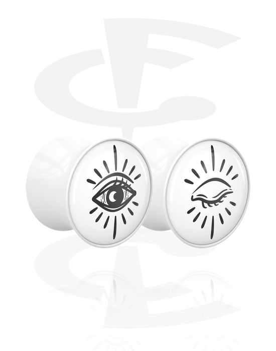 Tunnels & Plugs, 1 pair double flared plugs (acrylic, white) with motif "eyes", Acrylic