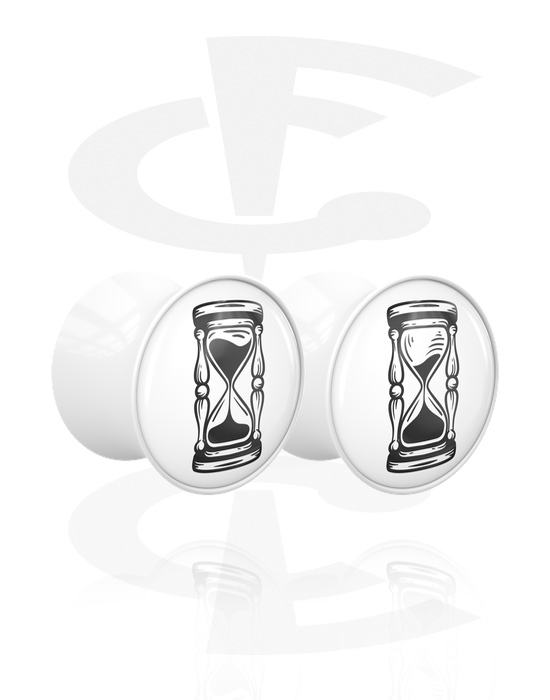 Tunnels & Plugs, 1 pair double flared plugs (acrylic, white) with hourglass design, Acrylic