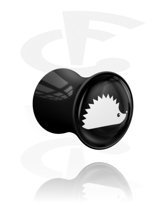 Tunely & plugy, Plug s rozšírenými koncami (akryl, čierna) s motívom „ježko“, Akryl