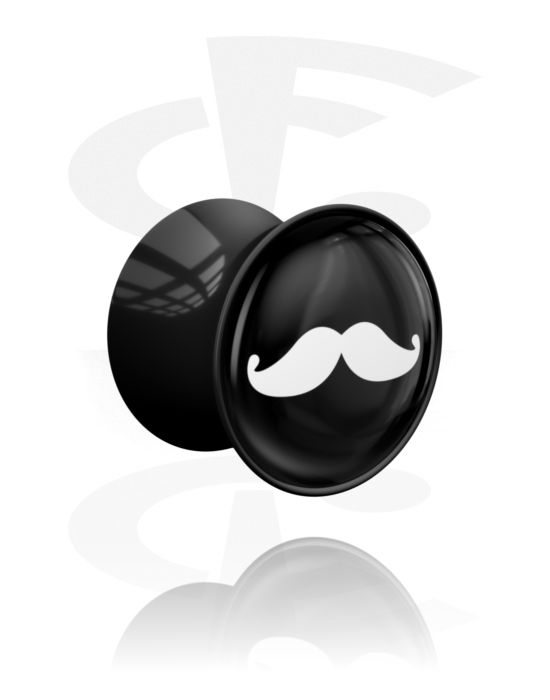 Tunnlar & Pluggar, Double flared plug (acrylic, black) med mustache motif, Akryl