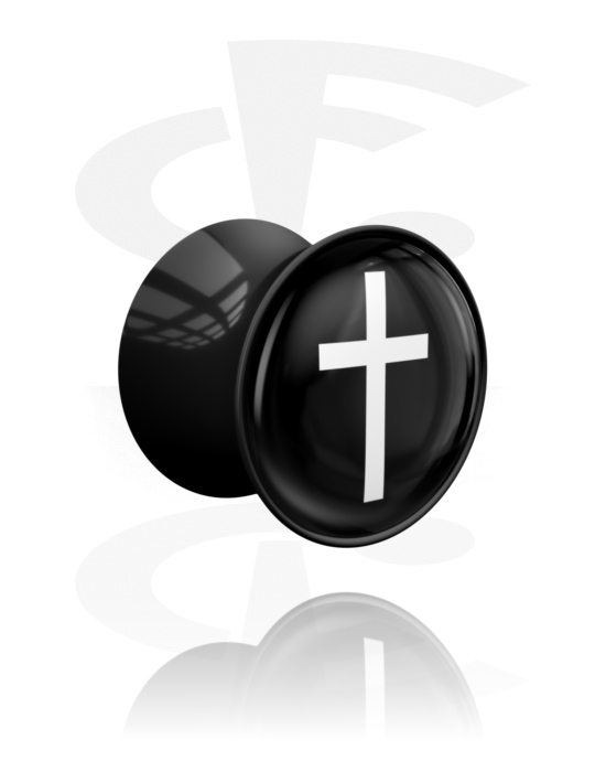 Tunnel & Plugs, Double Flared Plug (Acryl, schwarz) mit Kreuz-Design, Acryl