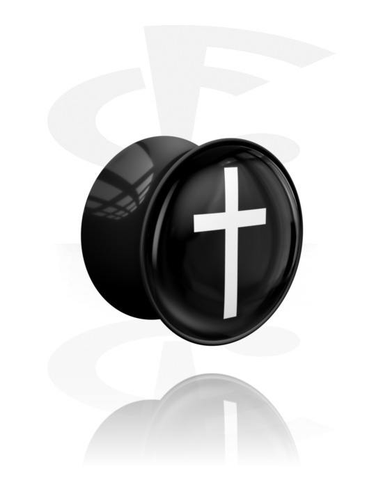 Tunnel & Plug, Double flared plug (acrilico, nero) con simbolo della croce, Acrilico