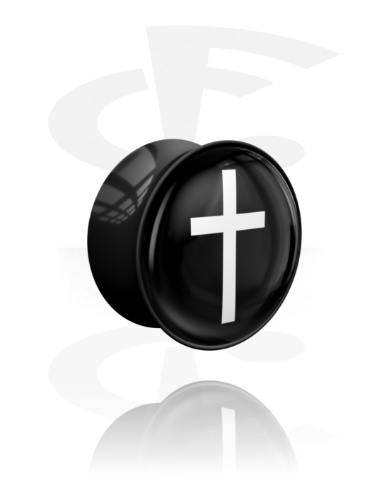 Tunely & plugy, Plug s rozšířenými konci (akryl, černá) s designem kříž, Akryl