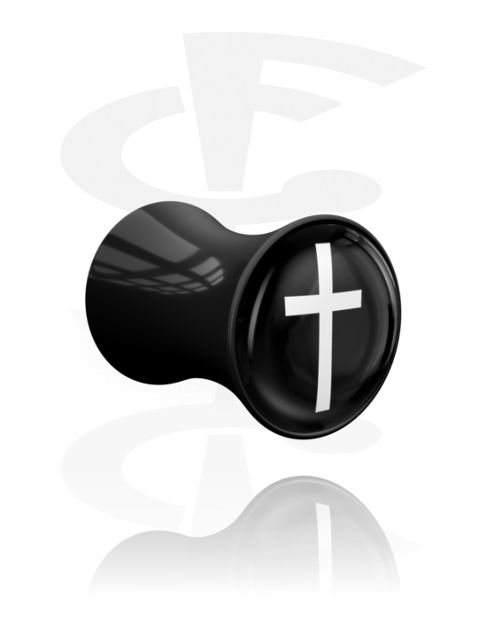 Tunnel & Plug, Double flared plug (acrilico, nero) con simbolo della croce, Acrilico