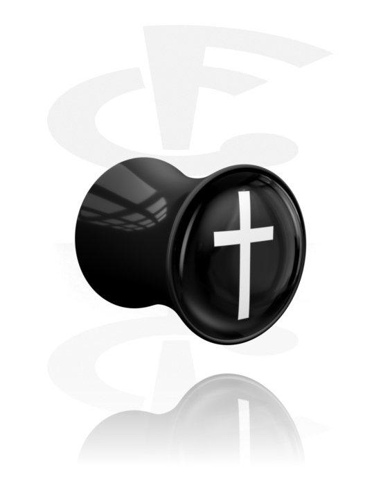 Tunnels & Plugs, Plug double flared (acrylique, noir) avec motif croix, Acrylique