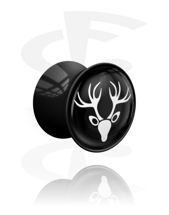 Tunneler & plugger, Dobbeltformet plugg (akryl, svart) med motiv "hjort", Akryl