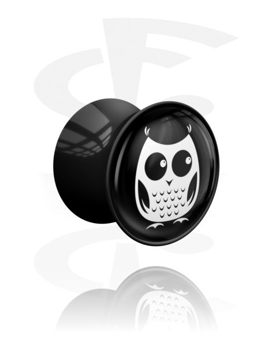 Tunnels & Plugs, Double flared plug (acrylic, black) with motif "owl", Acrylic
