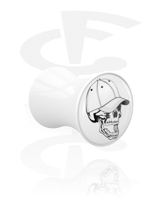 Tunneler & plugger, Dobbeltformet plugg (akryl, hvit) med motiv "hodeskalle", Akryl