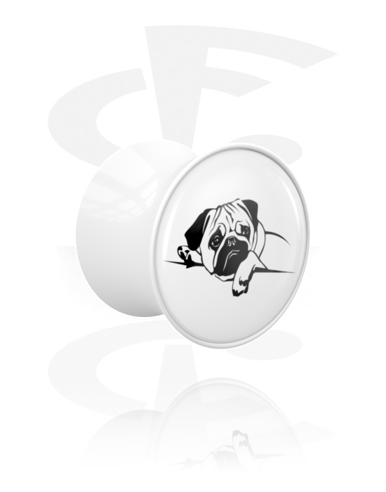 Tunneler & plugger, Dobbeltformet plugg (akryl, hvit) med motiv "fransk bulldog", Akryl