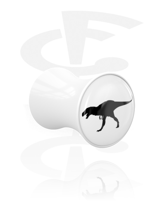 Tunnelit & plugit, Kaksinkertainen flared-plugi (akryyli, valkoinen) kanssa dinosaurusdesign, Akryyli