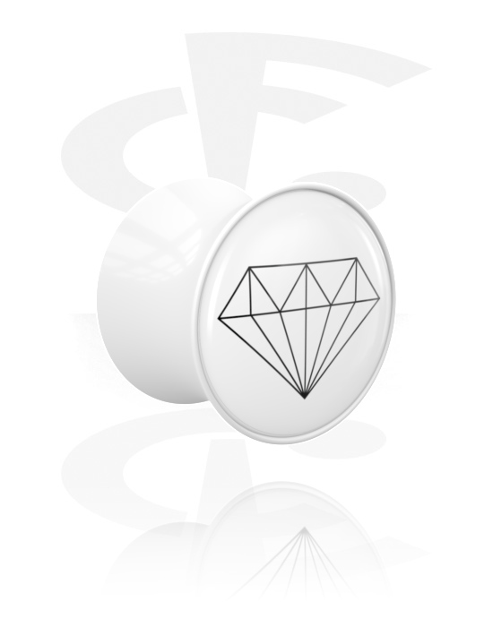 Tunneler & plugger, Dobbeltformet plugg (akryl, hvit) med diamantmotiv, Akryl