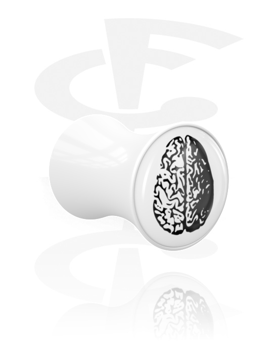 Tunely & plugy, Plug s rozšírenými koncami (akryl, biela) s motívom „mozog“, Akryl