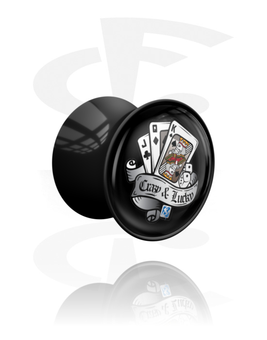 Tunnels & Plugs, Double flared plug (acrylic, black) with "Crazy & lucky" lettering, Acrylic
