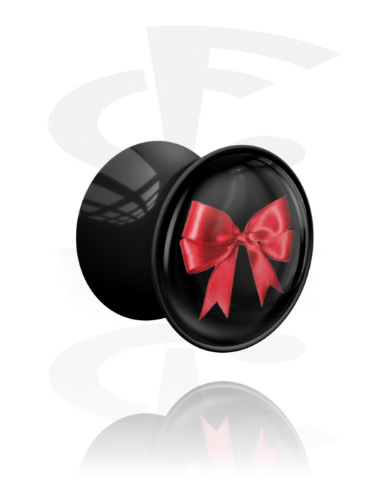 Tunneler & plugger, Dobbeltformet plugg (akryl, svart) med motiv "rød sløyfe", Akryl