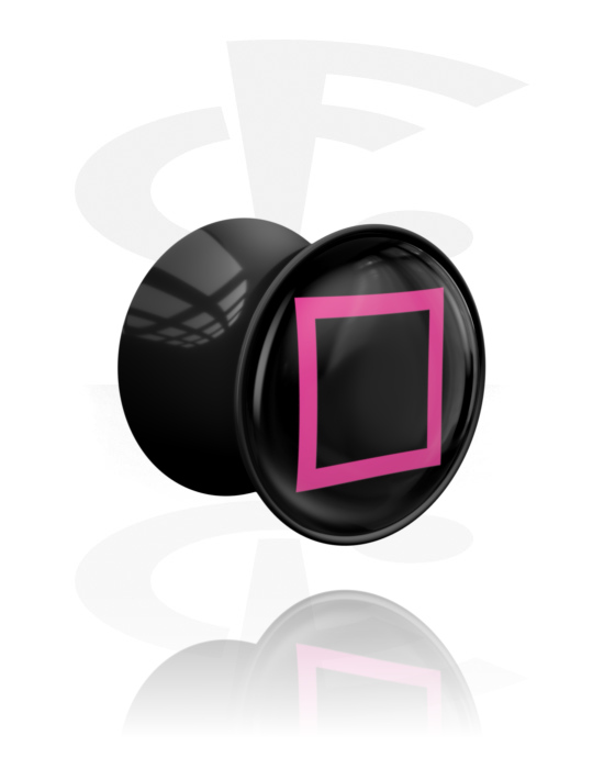Tunnels & Plugs, Double flared plug (acrylic, black) with square motif, Acrylic