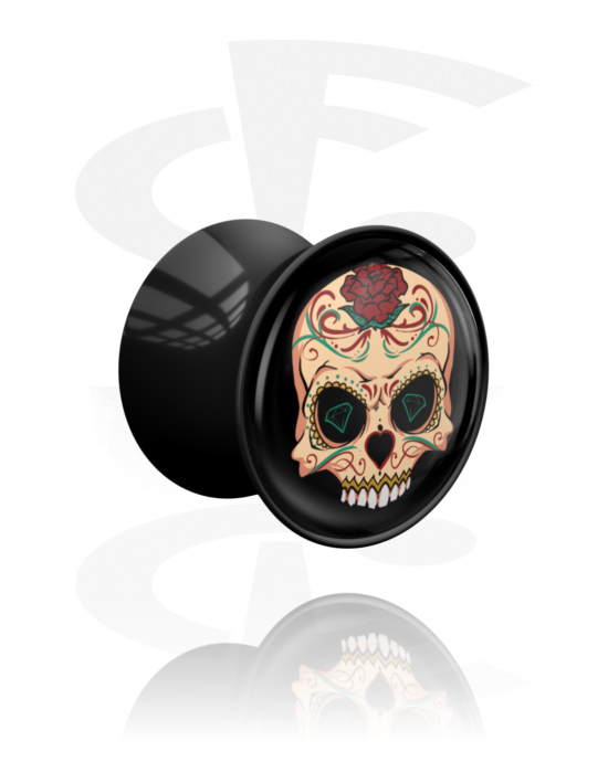 Alagutak és dugók, Double flared plug (acrylic, black) val vel colourful sugar skull "Dia de Los Muertos" design , Akril