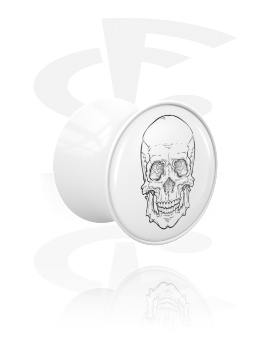 Tunnels & Plugs, Double flared plug (acrylic, white) with skull design, Acrylic