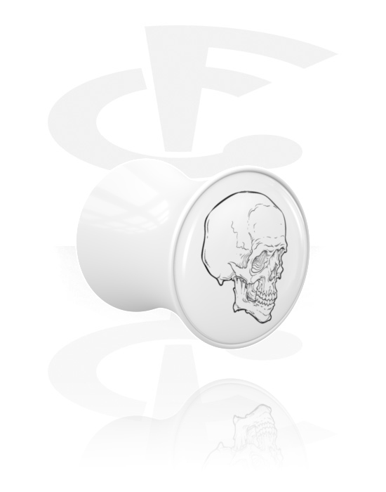 Tunneler & plugger, Dobbeltformet plugg (akryl, hvit) med motiv "hodeskalle", Akryl