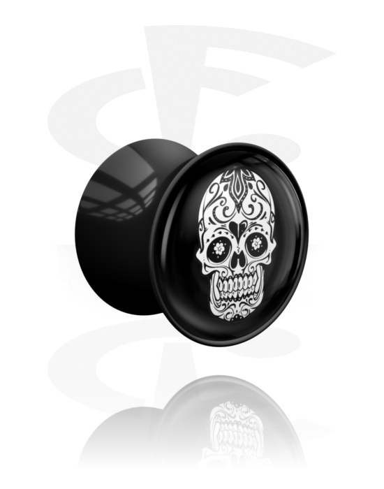Tunnlar & Pluggar, Double flared plug (acrylic, black) med black and white sugar skull "Dia de Los Muertos" design , Akryl