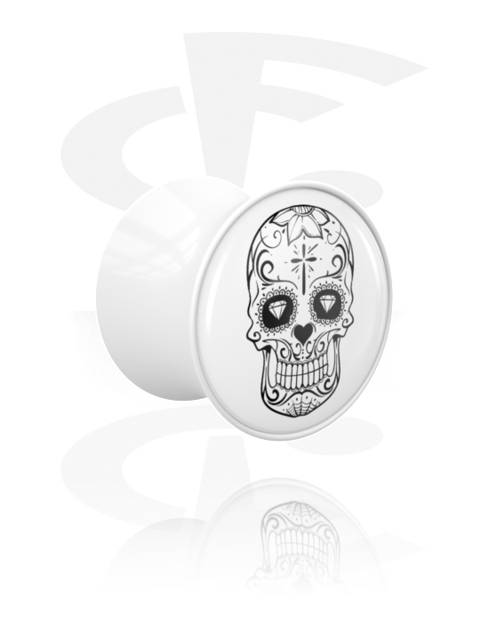 Tunnels & Plugs, Double flared plug (acrylic, white) with black and white sugar skull "Dia de Los Muertos" design , Acrylic