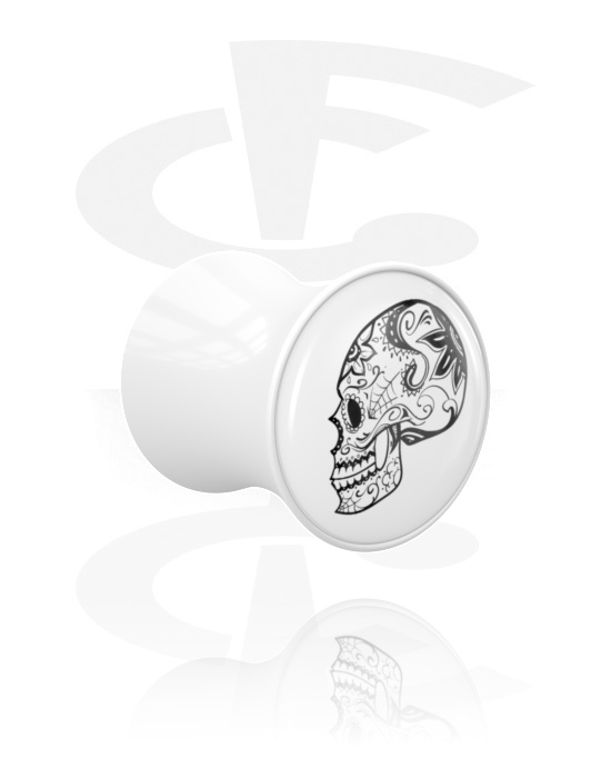 Tunnels & Plugs, Plug double flared (acrylique, blanc) avec motif tête de mort, Acrylique