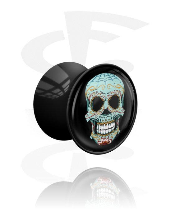 Tunneler & plugger, Dobbeltformet plugg (akryl, svart) med fargerik sukkerskalle "Dia de Los Muertos" design, Akryl