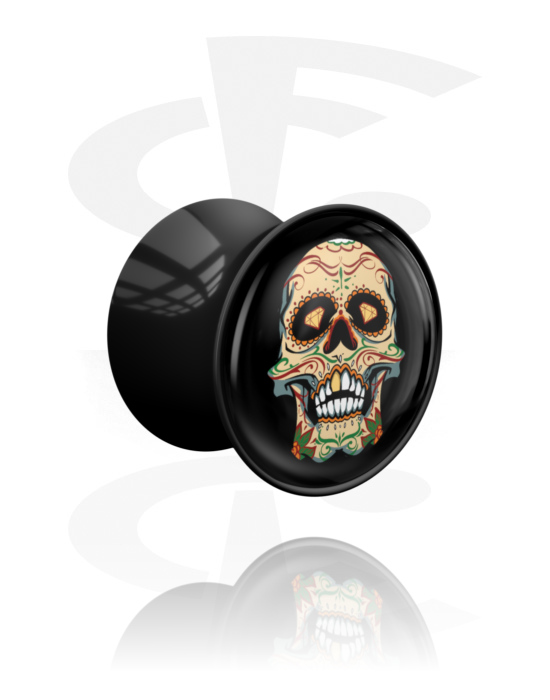 Tunnels & Plugs, Double flared plug (acrylic, black) with colourful sugar skull "Dia de Los Muertos" design , Acrylic