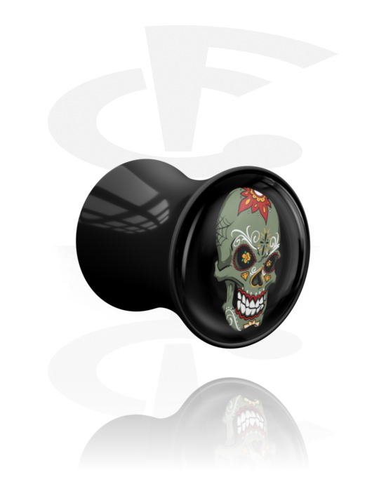 Tunneler & plugger, Dobbeltformet plugg (akryl, svart) med sukkerskalle "Dia de Los Muertos" design, Akryl