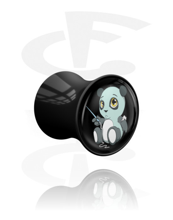 Tunneler & plugger, Dobbeltformet plugg (akryl, svart) med motiv "søt panda", Akryl