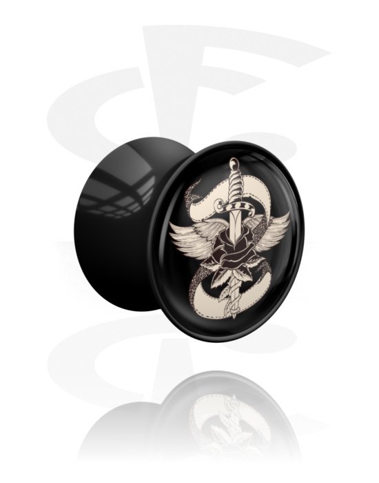 Tunnels & Plugs, Double flared plug (acrylic, black) with motif "sword and rose", Acrylic