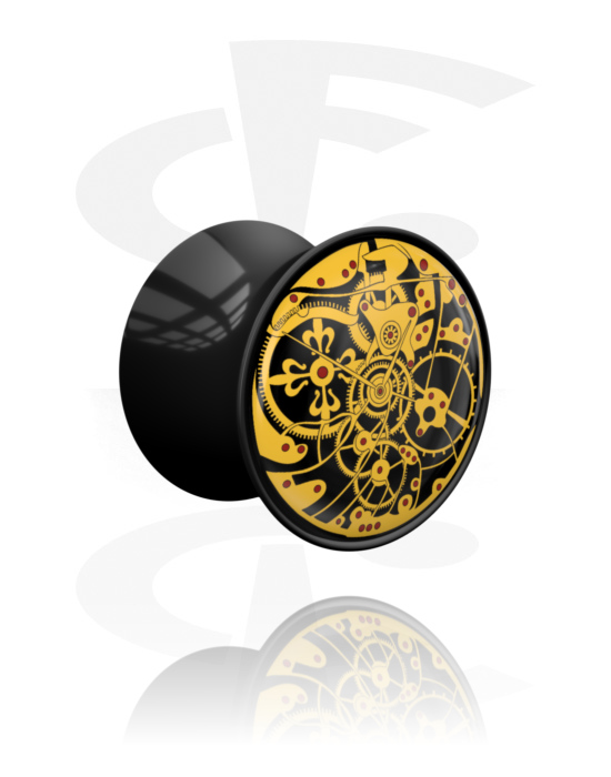 Tunneler & plugger, Dobbeltformet plugg (akryl, svart) med steampunk design, Akryl