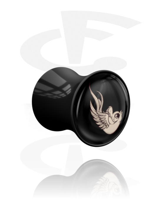 Tunely & plugy, Plug s rozšířenými konci (akryl, černá) s designem ptáček, Akryl