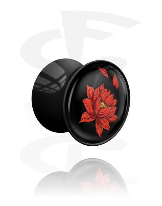 Tunely & plugy, Plug s rozšířenými konci (akryl, černá) s designem lotosový květ, Akryl