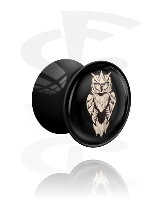 Tunnels & Plugs, Double flared plug (acrylic, black) with owl design, Acrylic