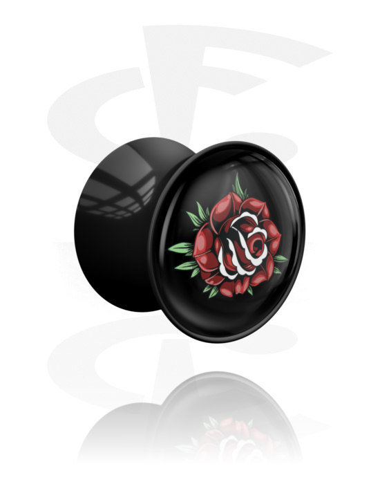 Tunnlar & Pluggar, Double flared plug (acrylic, black) med rose motif, Akryl