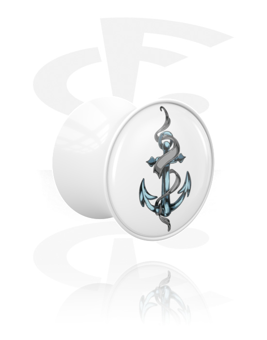 Tunnels & Plugs, Double flared plug (acrylic, white) with motif "anchor", Acrylic
