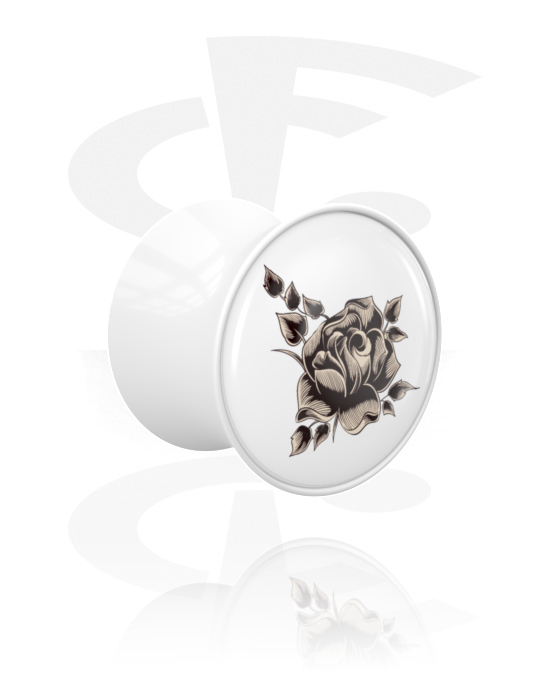 Tunnlar & Pluggar, Double flared plug (acrylic, white) med rose motif, Akryl