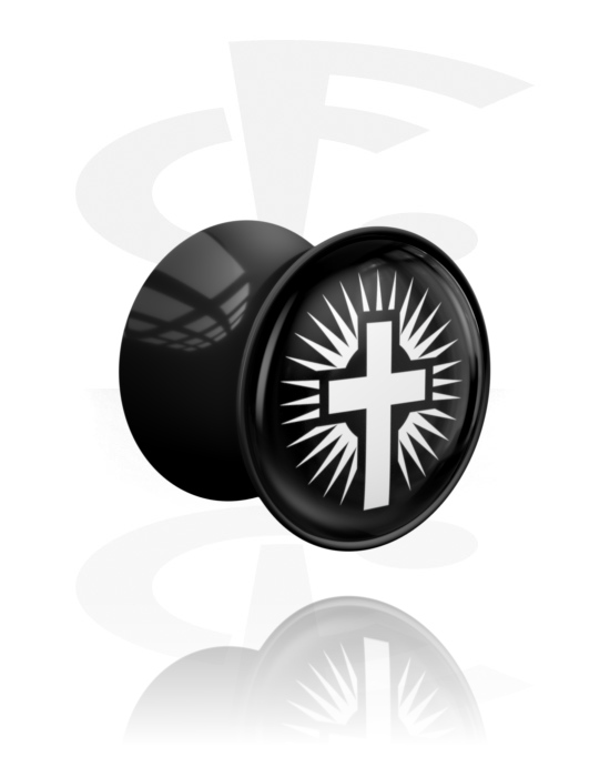 Tunnlar & Pluggar, Double flared plug (acrylic, black) med cross motif, Akryl