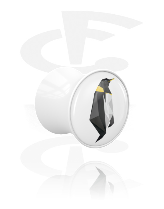 Tunnel & Plug, Double flared plug (acrilico bianco) con design pinguino, Acrilico