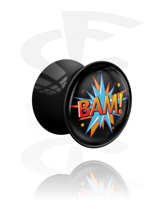 Tunnels & Plugs, Double flared plug (acrylic, black) with "Bam!" lettering, Acrylic