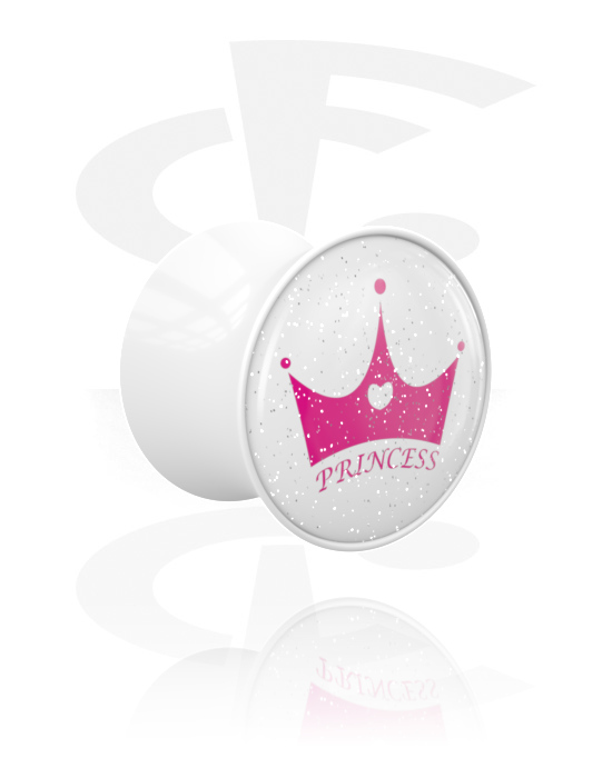 Tunnels & Plugs, Double flared plug (acrylic, white) with crown design and "princess" lettering, Acrylic
