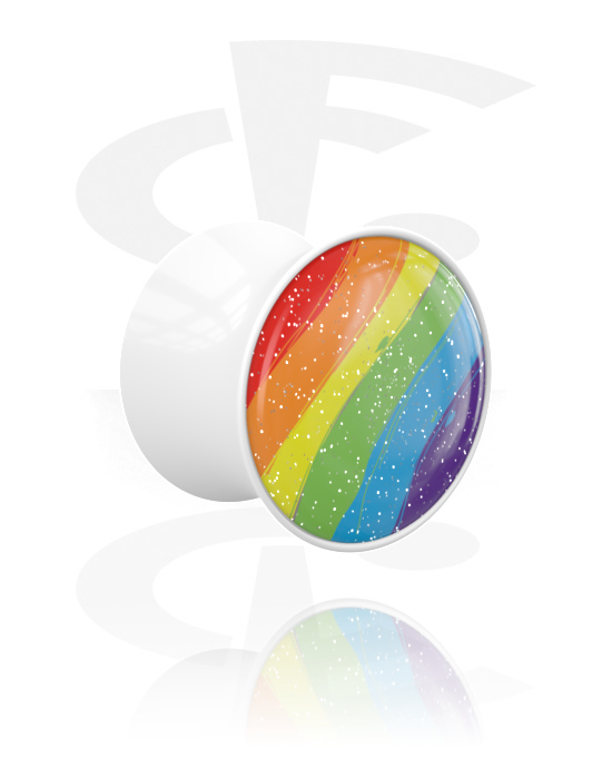 Tunnels & Plugs, Double flared plug (acrylic, white) with rainbow design and glitter, Acrylic