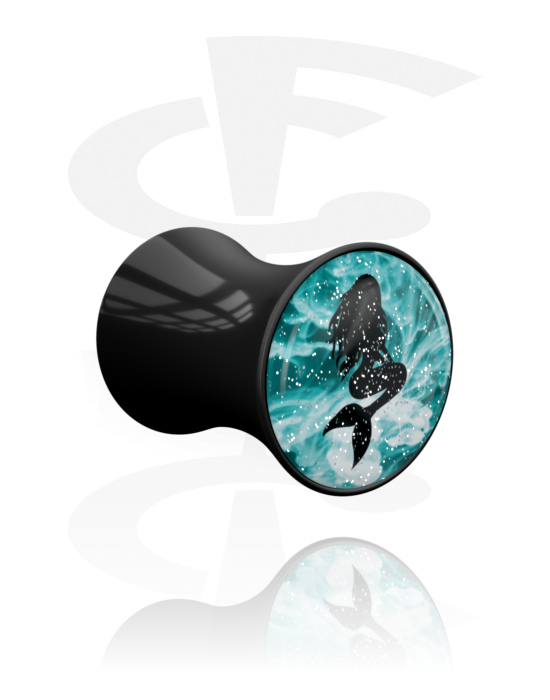 Tunneler & plugger, Dobbeltformet plugg (akryl, svart) med havfruedesign, Akryl