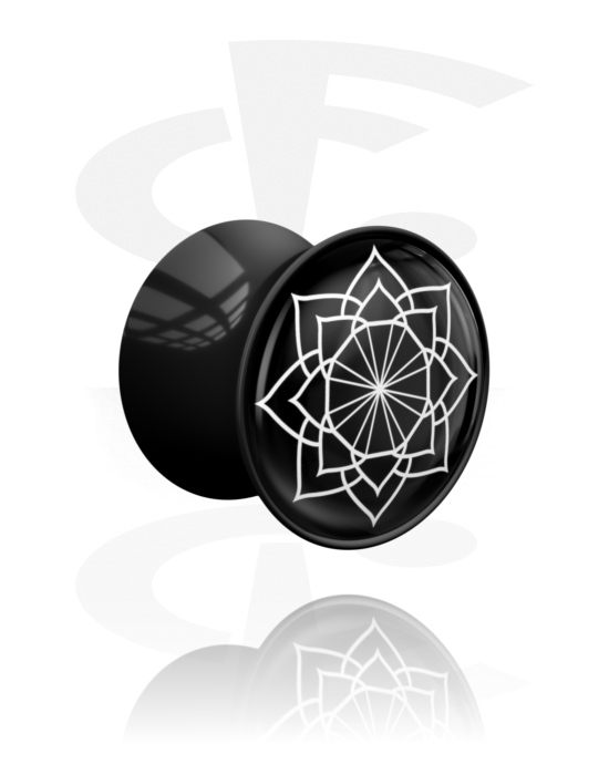 Tunely & plugy, Plug s rozšířenými konci (akryl, černá) s designem květina, Akryl