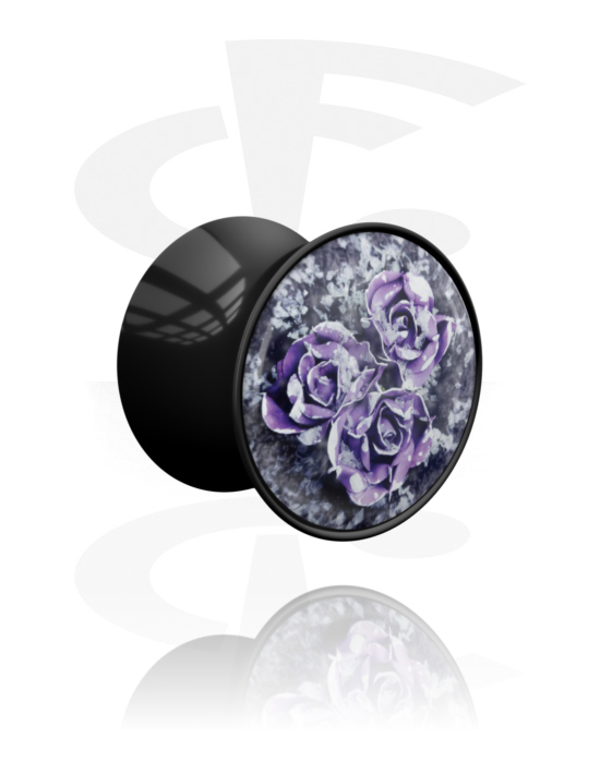 Tunneler & plugger, Dobbeltformet plugg (akryl, svart) med rosedesign, Akryl