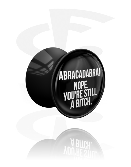 Tunnels & Plugs, Double flared plug (acrylic, black) with "Abracadabra" lettering, Acrylic